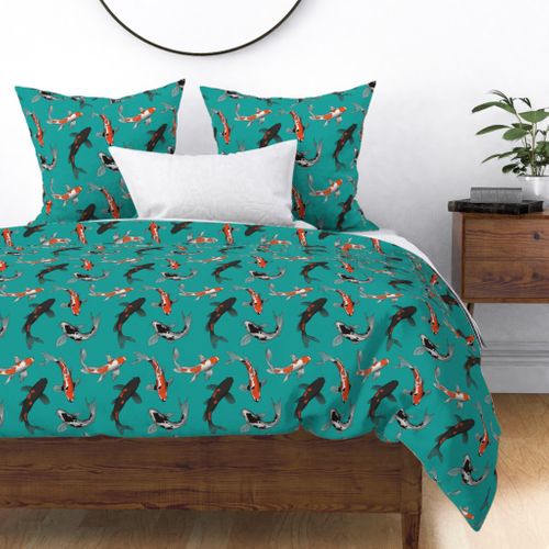 Japanese Koi Fish on Teal Background Fabric | Spoonflower