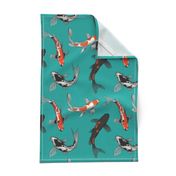 Japanese Koi Fish on Teal Background Smaller Size