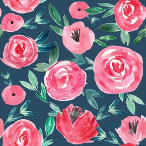 Rose Garden on Navy - Large Scale 