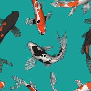 Japanese Koi Fish Pattern on Teal Backgroud Larger Size