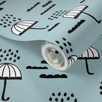 Umbrella rainy day april showers cloudy sky clouds illustration Scandinavian style illustration winter blue
