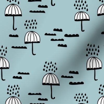 Umbrella rainy day april showers cloudy sky clouds illustration Scandinavian style illustration winter blue