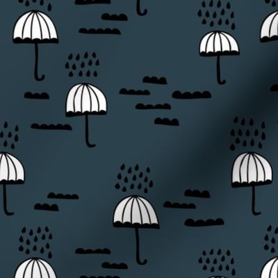 Umbrella rainy day april showers cloudy sky clouds illustration Scandinavian style illustration blue navy night