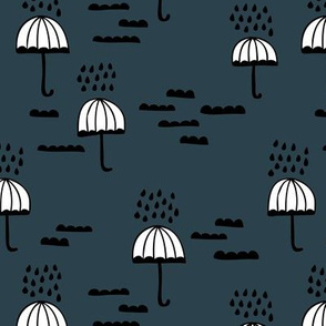 Umbrella rainy day april showers cloudy sky clouds illustration Scandinavian style illustration blue navy night