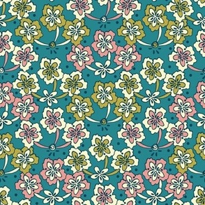 pink and green flowers on turquoise by rysunki_malunki