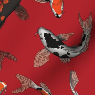 Chinese Koi Fish Artwork on Red Background Smaller Version