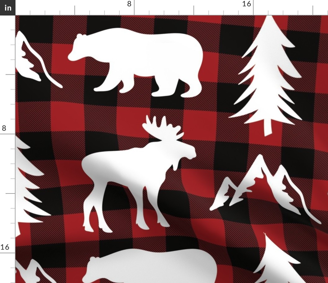 woodland animals red black buffalo plaid