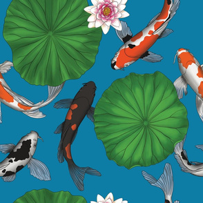 Asian Lily Pad Lotus Koi Fish Art - Dark Blue - Larger Version