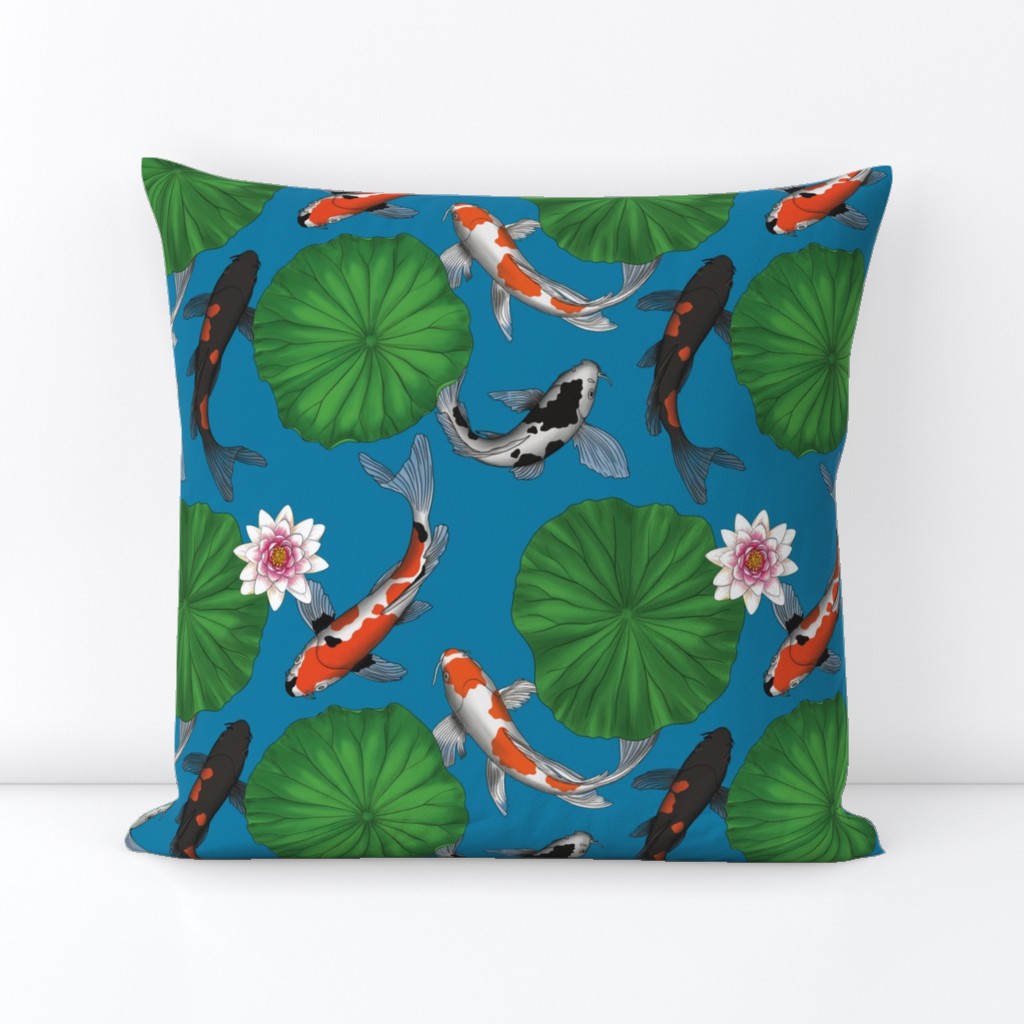 Asian Koi Fish and Lotus Flower Leaves Print - Dark Blue - Smaller Version