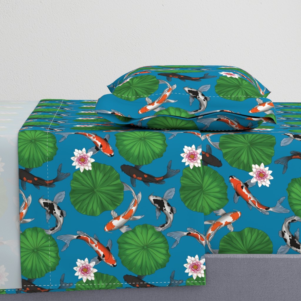 Asian Koi Fish and Lotus Flower Leaves Print - Dark Blue - Smaller Version