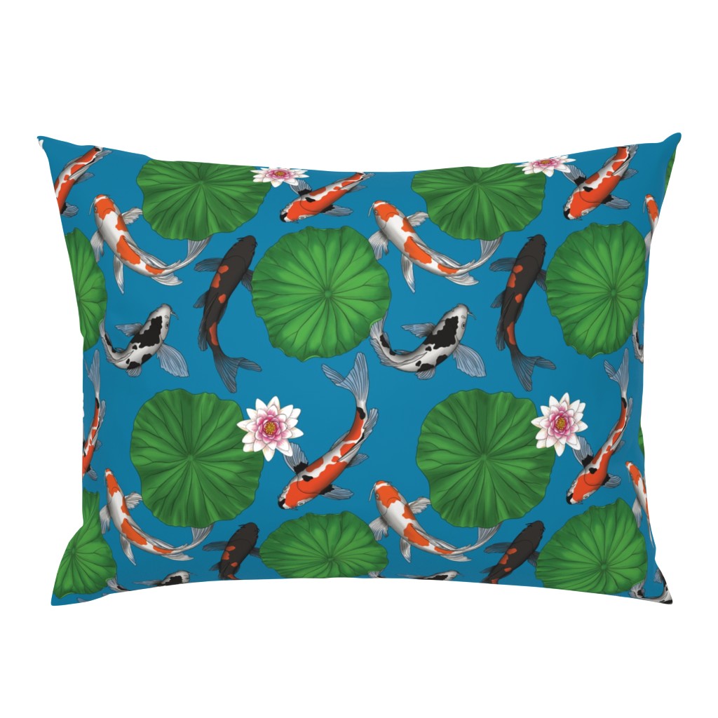 Asian Koi Fish and Lotus Flower Leaves Print - Dark Blue - Smaller Version