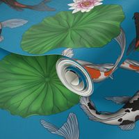 Asian Koi Fish and Lotus Flower Leaves Print - Dark Blue - Smaller Version