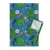 Asian Koi Fish and Lotus Flower Leaves Print - Dark Blue - Smaller Version