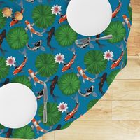 Asian Koi Fish and Lotus Flower Leaves Print - Dark Blue - Smaller Version