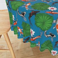 Asian Koi Fish and Lotus Flower Leaves Print - Dark Blue - Smaller Version