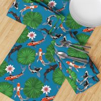 Asian Koi Fish and Lotus Flower Leaves Print - Dark Blue - Smaller Version