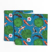 Asian Koi Fish and Lotus Flower Leaves Print - Dark Blue - Smaller Version