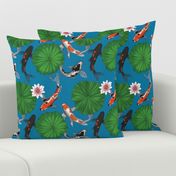 Asian Koi Fish and Lotus Flower Leaves Print - Dark Blue - Smaller Version