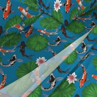 Asian Koi Fish and Lotus Flower Leaves Print - Dark Blue - Smaller Version