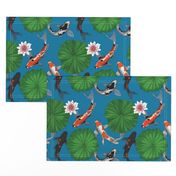 Asian Koi Fish and Lotus Flower Leaves Print - Dark Blue - Smaller Version