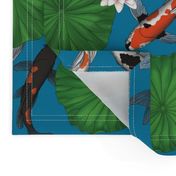 Asian Koi Fish and Lotus Flower Leaves Print - Dark Blue - Smaller Version