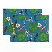 Asian Koi Fish and Lotus Flower Leaves Print - Dark Blue - Smaller Version