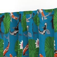 Asian Koi Fish and Lotus Flower Leaves Print - Dark Blue - Smaller Version