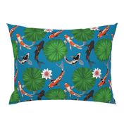 Asian Koi Fish and Lotus Flower Leaves Print - Dark Blue - Smaller Version