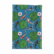 Asian Koi Fish and Lotus Flower Leaves Print - Dark Blue - Smaller Version