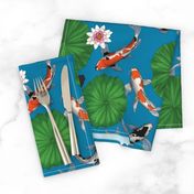 Asian Koi Fish and Lotus Flower Leaves Print - Dark Blue - Smaller Version