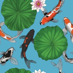 Flowers And Leaves Of Lotuses Lily, Koi Carps In Light Cream Blue