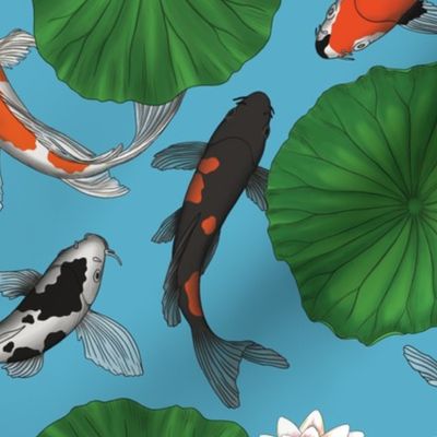 Asian Koi Fish and Lily Pads Botanical - Light Blue - Smaller Size Version