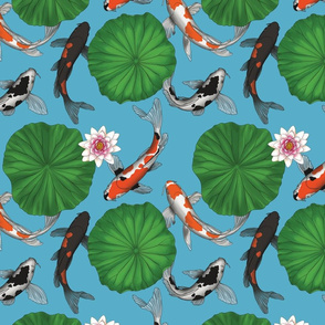 Asian Koi Fish and Lily Pads Botanical - Light Blue - Smaller Size Version