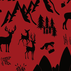 woodland animals black red background