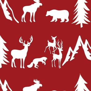 woodland animals white red background