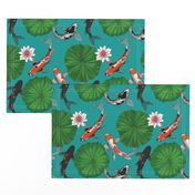 Vintage Chinese Lotus and Koi Fish Fabric - Smaller Size Version