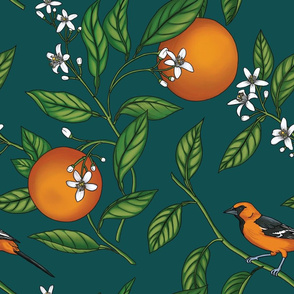 Orange Blossom and Bird Art - Dark Green - Large Version