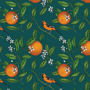Orange Blossom and Bird Art - Dark Green - Small Version
