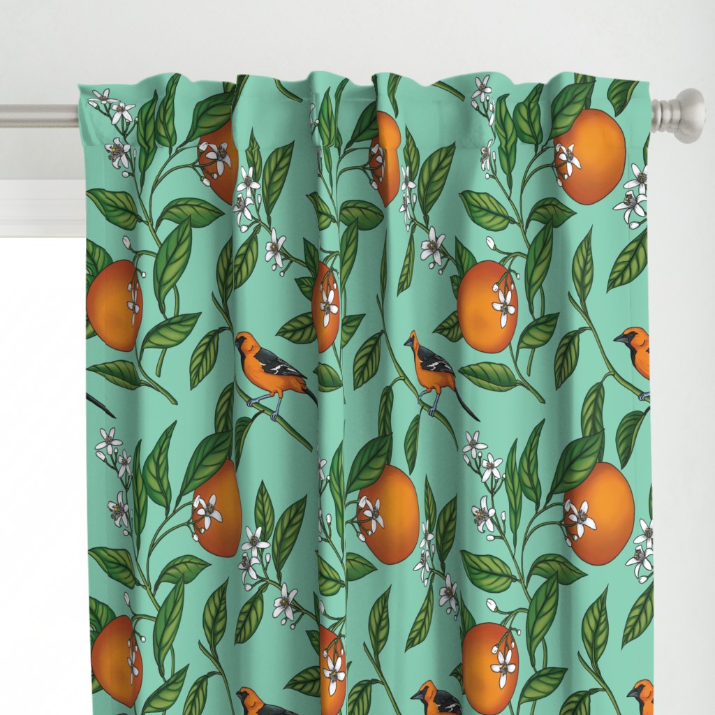 Orange Birds and Fruit Tree Botanical - Teal Green - Large Version