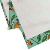 Orange Birds and Fruit Tree Botanical - Teal Green - Large Version