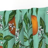 Orange Birds and Fruit Tree Botanical - Teal Green - Large Version