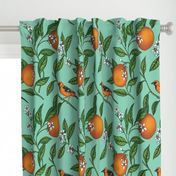 Orange Birds and Fruit Tree Botanical - Teal Green - Large Version