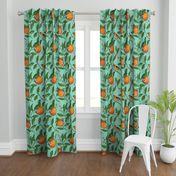 Orange Birds and Fruit Tree Botanical - Teal Green - Large Version