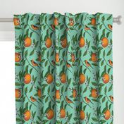 Orange Birds and Fruit Tree Botanical - Teal Green - Small Version