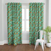 Orange Birds and Fruit Tree Botanical - Teal Green - Small Version