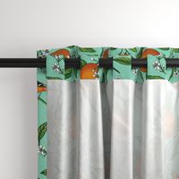 Orange Birds and Fruit Tree Botanical - Teal Green - Small Version