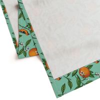 Orange Birds and Fruit Tree Botanical - Teal Green - Small Version