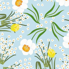 Spring Flowers Tulip Daffodil and Paperwhites on Pale Blue