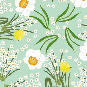 Spring Flowers Tulip Daffodil and Paperwhites on Mint Green