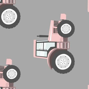 (jumbo scale) light pink tractors on grey - farm fabric (90) C19BS